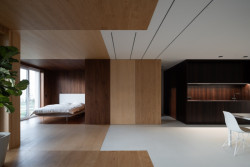 Ve dvoupokojovém bytě architekti odstranili všechny příčky a vložily čtyři boxy, z nichž tři jsou pohyblivé. Mohou se posouvat a byt se může každý den měnit (Flexibilní bydlení v Olomouci, CHYBIK + KRISTOF)