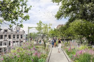 Vizualizace Bergweg. Z bývalé stanice, nově komunitní zahrady Luchtpark, dále pokračuje viadukt, který se klikatí hustě osídleným centrem. Z této železniční dráhy vznikne v nadcházejících letech nový park Hofbogenpark. 