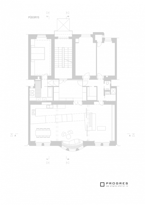 PROGRES ATELIER, Rekonstrukce bytu na Letné, půdorys – foto