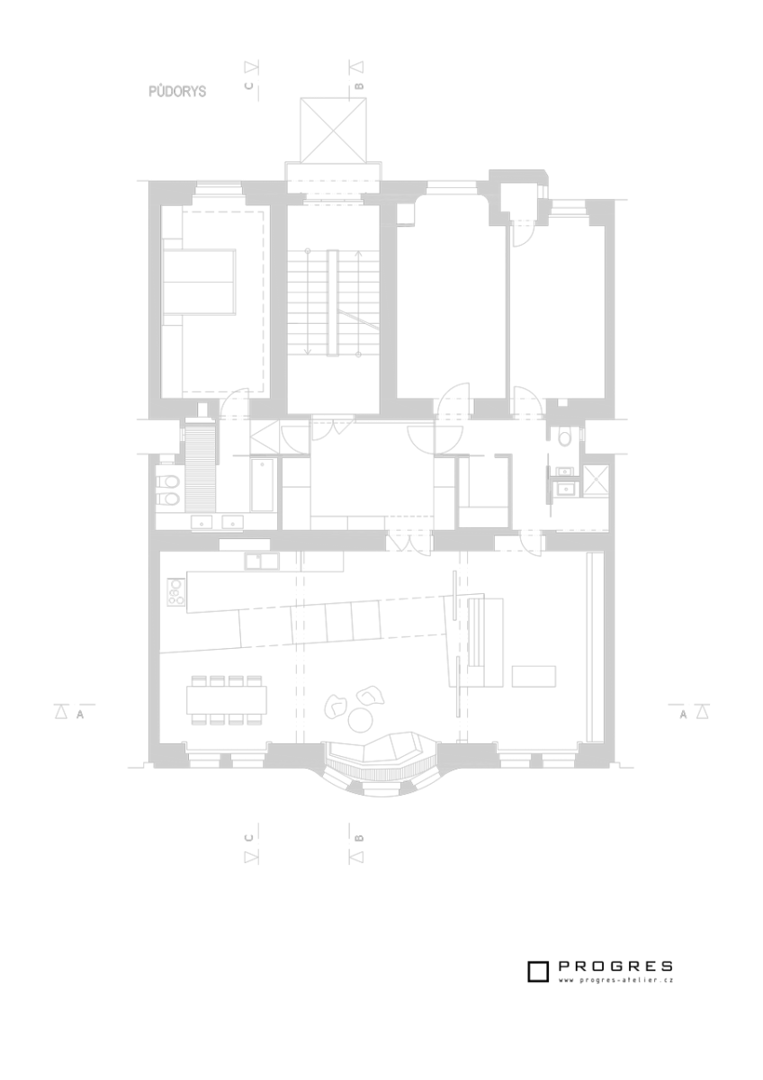 PROGRES ATELIER, Rekonstrukce bytu na Letné, půdorys – foto