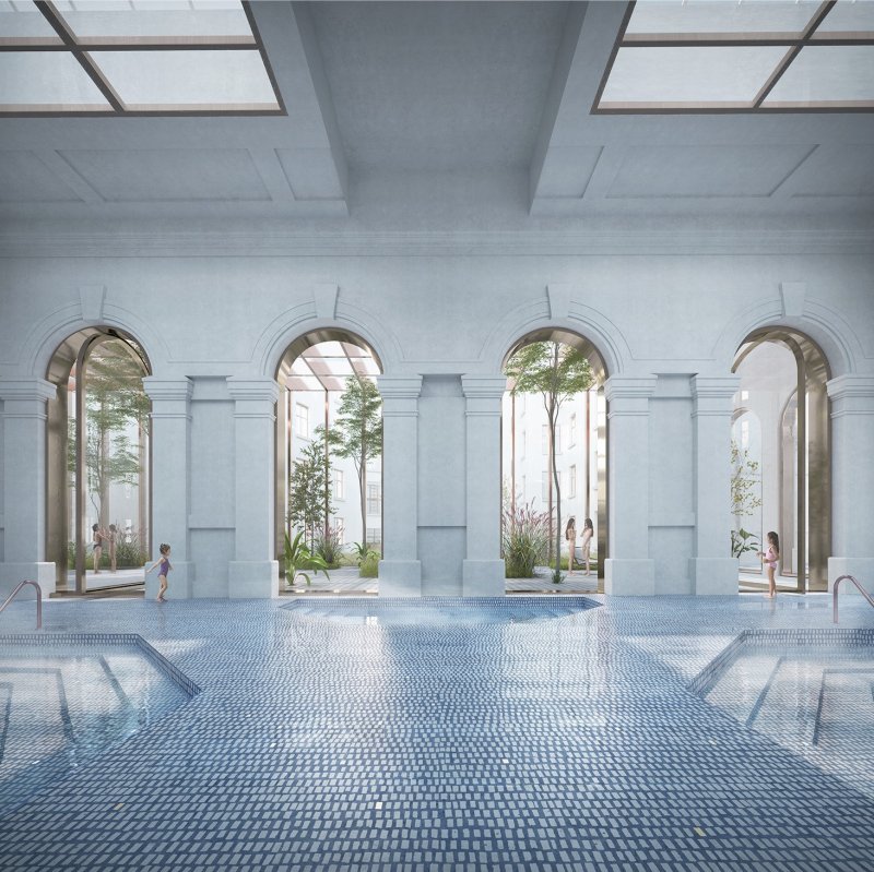 Vítězný návrh na rekonstrukci lázní Grössling v Bratislavě od italského studia OPPS Architettura, plavecký bazén. Vizualizace: luce.atelier