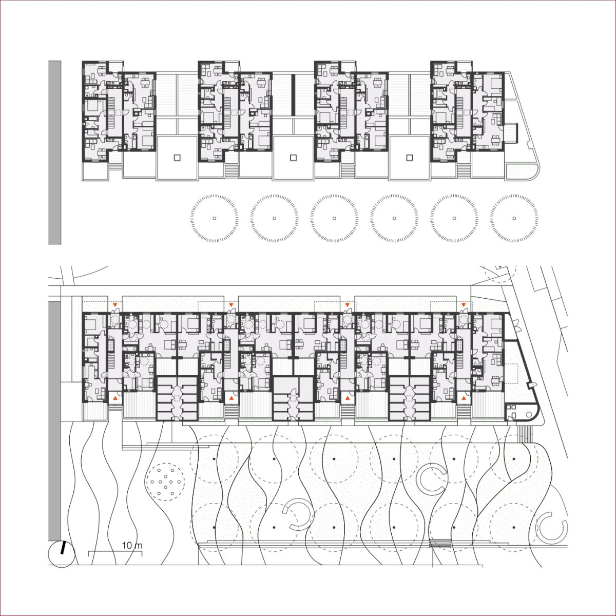 Bytový dům - půdorys 1. NP a 2. NP (Obytný soubor Dolina v Lysolajích, knesl kynčl architekti)