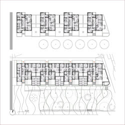 Bytový dům - půdorys 1. NP a 2. NP (Obytný soubor Dolina v Lysolajích, knesl kynčl architekti)