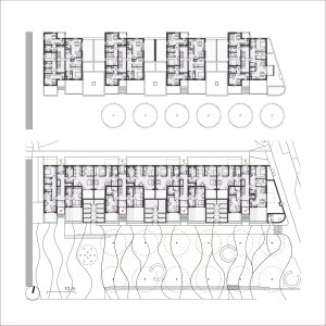 Bytový dům - půdorys 1. NP a 2. NP (Obytný soubor Dolina v Lysolajích, knesl kynčl architekti)