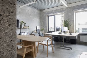 Interiér vlastního ateliéru, LINEAR: Železobetonová konstrukce původní stavby zůstala odhalena