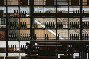 Výhled ven skrze police s lahvemi ARTEVINI (ARTEVINI Resort & Winery u Velkých Pavlovic; znamení čtyř – architekti)