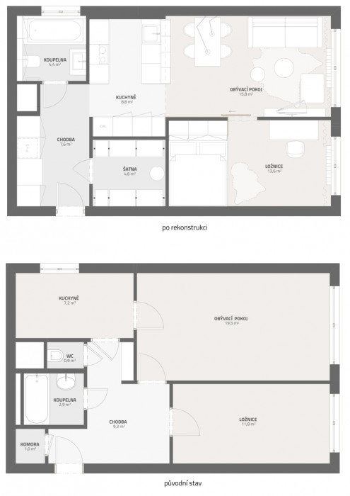 Rekonstrukce bytu Červený Vrch, půdorys bytu před a po rekonstrukci, DesignPro