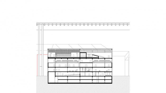 Komunitní sportovní centrum pod Nuselským mostem, podélný řez, Kristýna Vyslychová