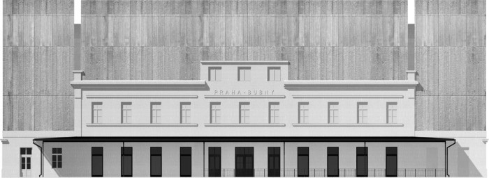 Revitalizace nádraží Bubny na Památník ticha, pohled z kolejiště, ARN Studio