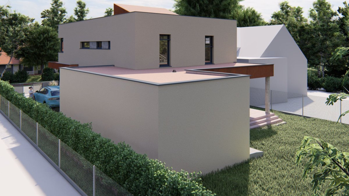 Na předměstí desetitisícového západočeského města roste moderní rodinný dům. Za jeho architekturou stojí Petr Sladký, projekční část zajistila kancelář AW Projekt. (na obrázku vizualizace)