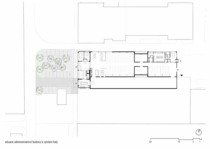 Výrobní a administrativní objekt firmy Pilana Karbid v Hulíně, Ellement architects, situace administrativní budovy a výrobní haly