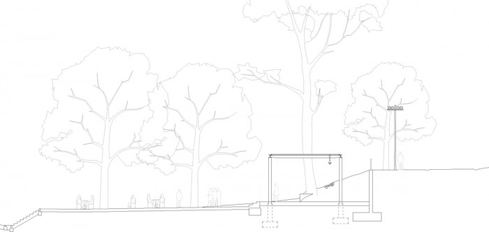Obnova nábřeží řeky Loučné v Litomyšli, řez pavilonem, Rusina Frei