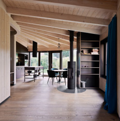 Hlavní  obytná místnost s přiznanou dřevěnou konstrukcí na stropě (Sodomka Sodomková Architekti, dům Hruška)