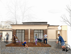 Památkově chráněná kuželna ve Štruncových sadech v Plzni se promění podle návrhu studia Kamila Mrvy na centrum cyklistiky a kavárnu, vizualizace.