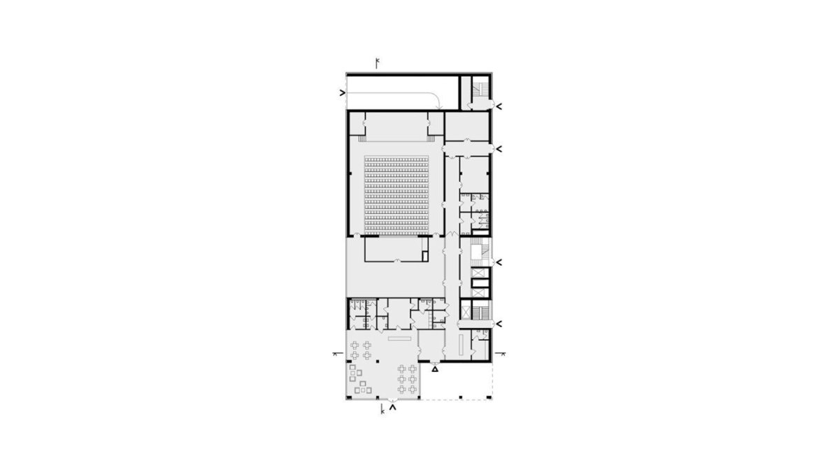 Komunitní sportovní centrum pod Nuselským mostem, půdorys 1np, Kristýna Vyslychová