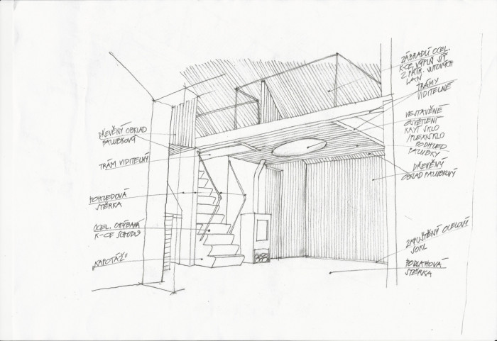 Společenské centrum dobrovolných hasičů Lisovice, skica interiéru, Létající inženýři