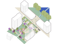 Axonometrie - Studie regenerace sídliště Závodu míru, společně s Arkytek, CCEA MOBA, participace Eliška Havla - 2023