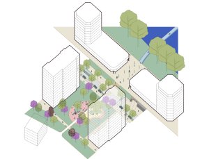 Axonometrie - Studie regenerace sídliště Závodu míru, společně s Arkytek, CCEA MOBA, participace Eliška Havla - 2023