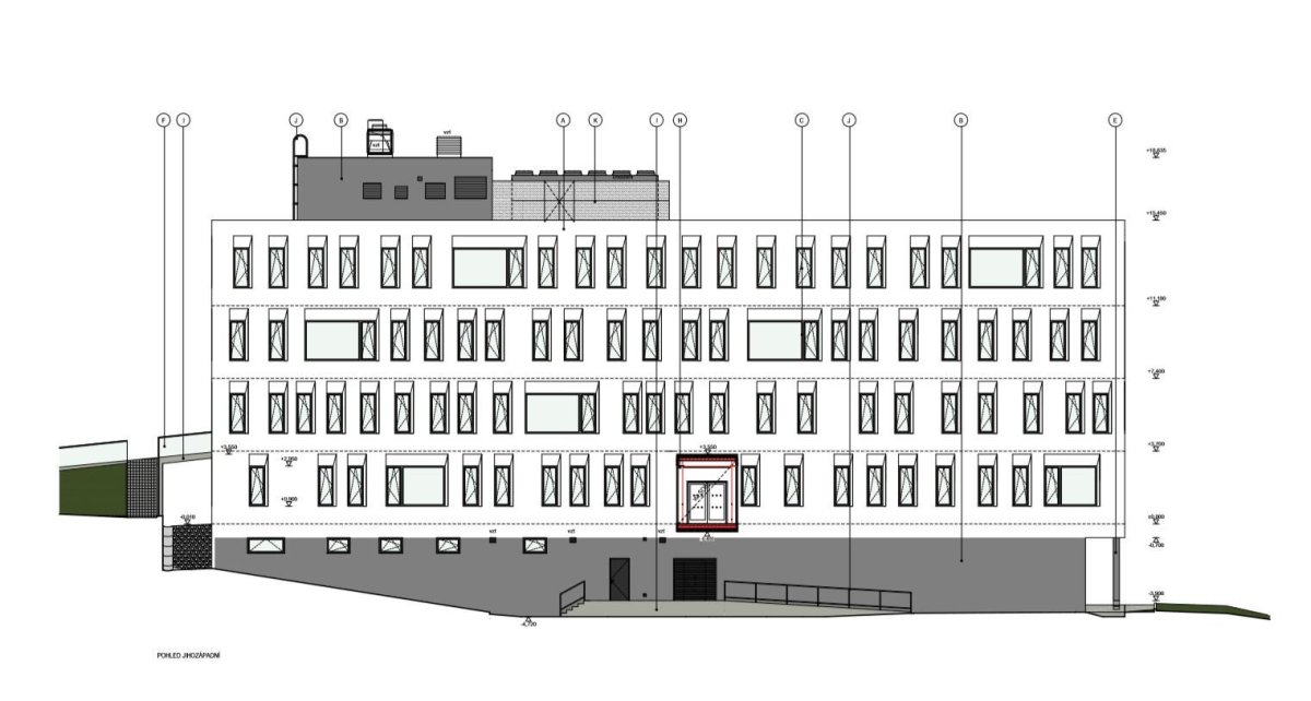 Novostavba II. Interní kliniky a geriatri v Olomouci, pohled JZ, Adam Rujbr Architects