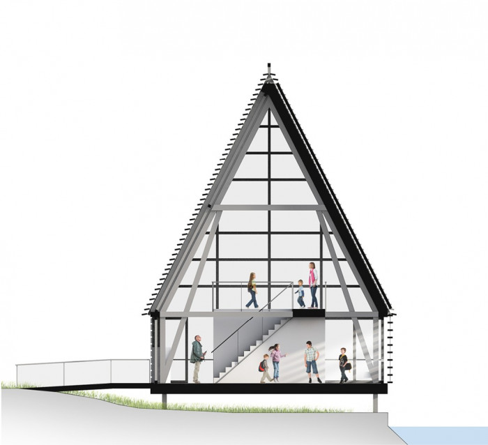 Návštěvnické a vzdělávací centrum Acle Bridge, řez, FAM Architekti, Feilden+Mawson