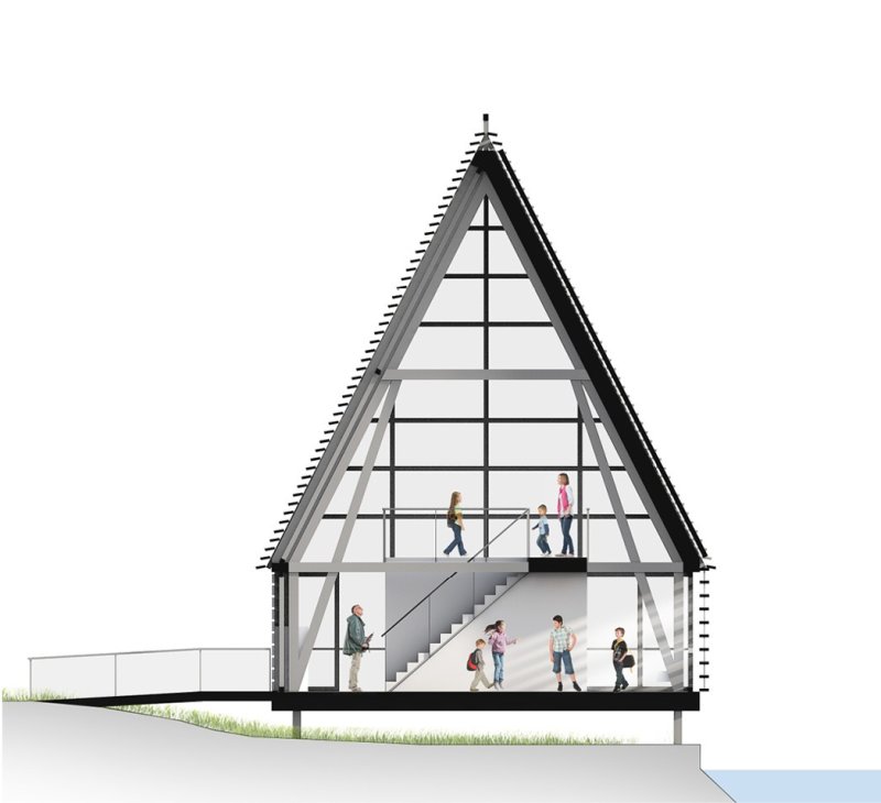 Návštěvnické a vzdělávací centrum Acle Bridge, řez, FAM Architekti, Feilden+Mawson
