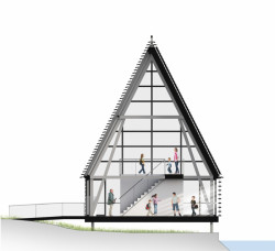 Návštěvnické a vzdělávací centrum Acle Bridge, řez, FAM Architekti, Feilden+Mawson