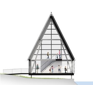 Návštěvnické a vzdělávací centrum Acle Bridge, řez, FAM Architekti, Feilden+Mawson