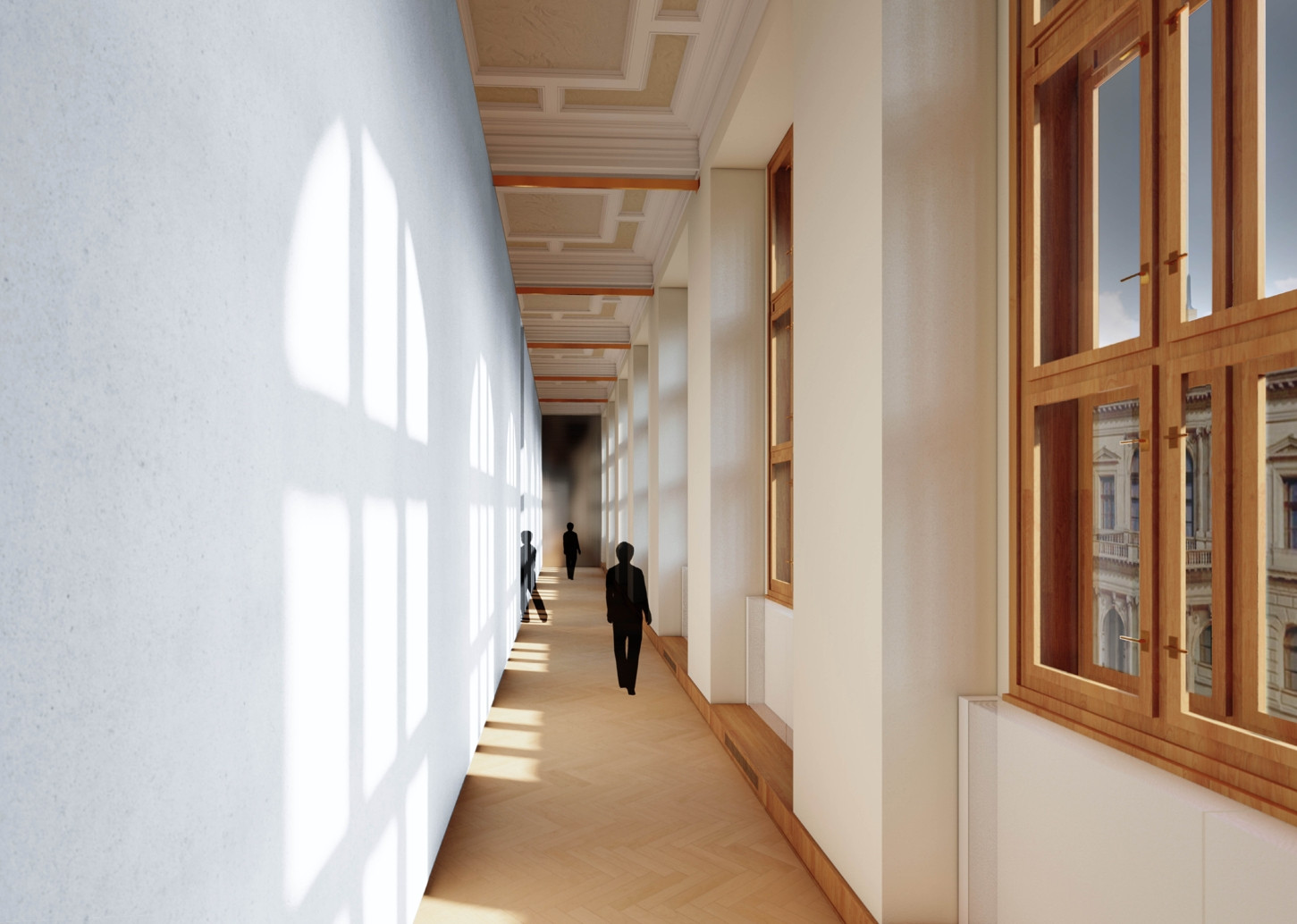 Pohled do chodby mezi vestavěným pavilonem a pláštěm budovy. Nezakrýváme okna, výhled se tak stává exponátem stálé sbírky, vizualizace,Tomáš Varga, Jakub Jansa a 20YY Designers