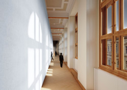 Pohled do chodby mezi vestavěným pavilonem a pláštěm budovy. Nezakrýváme okna, výhled se tak stává exponátem stálé sbírky, vizualizace,Tomáš Varga, Jakub Jansa a 20YY Designers