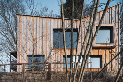 Na fasádě jsou různá okna s různými výhledy. (Dům Vlaštovka, Sodomka Sodomková Architekti)