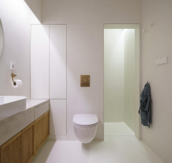 Pohled do koupelny (Bydlení v řadovém domě v Praze-Strašnicích, BY architects)