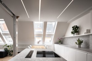 Půdní byt s černým boxem, Komon architekti: Nosné sloupy uprostřed dispozice mimo své hlavní funkce posloužili ještě k dalšímu účelu. Autoři mezi ně umístili promítací plátno