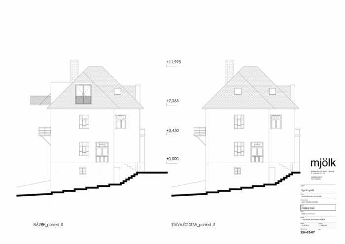 Mjölk architekti, Byt Na půdě, pohled JZ, návrh a stávající stav – foto