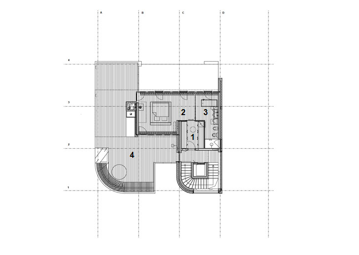 Mstská vila Procházkova, AP ateliér, půdorys 3 NP, 1 šatna, 2 ložnice, 3 koupelna, 4 terasa