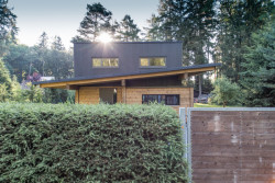 Na zešikmené střeše je nástavba v podobě černé kostky, která v sobě obsahuje další obytné místnosti