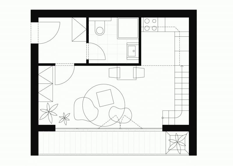 Mooza architecture, Interiér mezonetového bytu v Holešovicích, půdorys prvního patra - foto