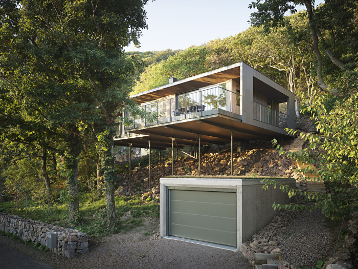 Dům má obývací pokoj mezi větvemi stromů.