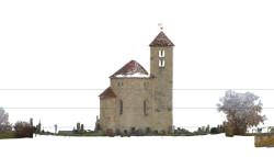 Románská rotunda svaté Maří Magdalény v Praze - Přední Kopanině. Náhled mračna bodů v 3D/BIM programu Archicad - pohled na fasádu.