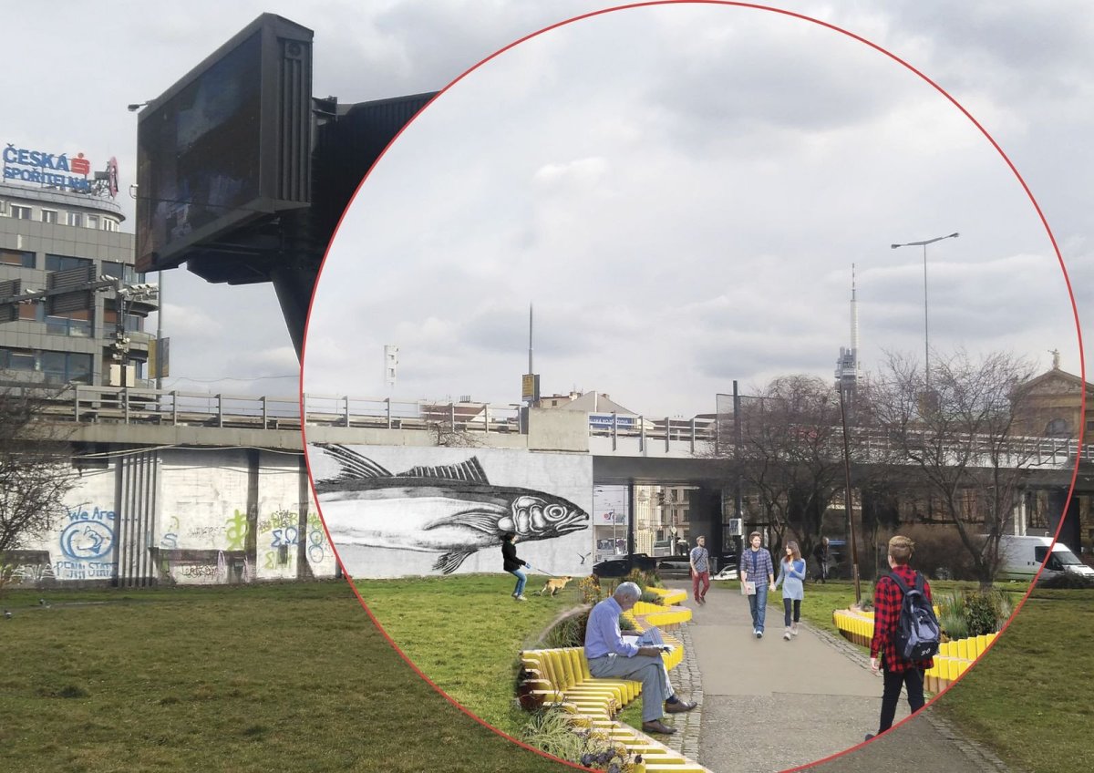 5.	Florenc. Stačí několik snadných opatření – odstranit billboard, upravit zeď a doplnit lavičky – a místo je rázem více městem než okolím dálničního nadjezdu.