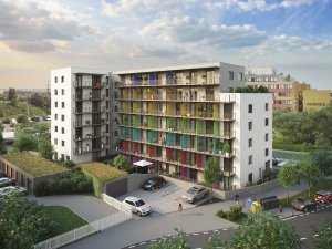 SCHINDLER SEKO ARCHITEKTI navrhli prefabrikovaný bytový dům polyfunkčního charakteru Happi Milánská v Horních Měcholupech