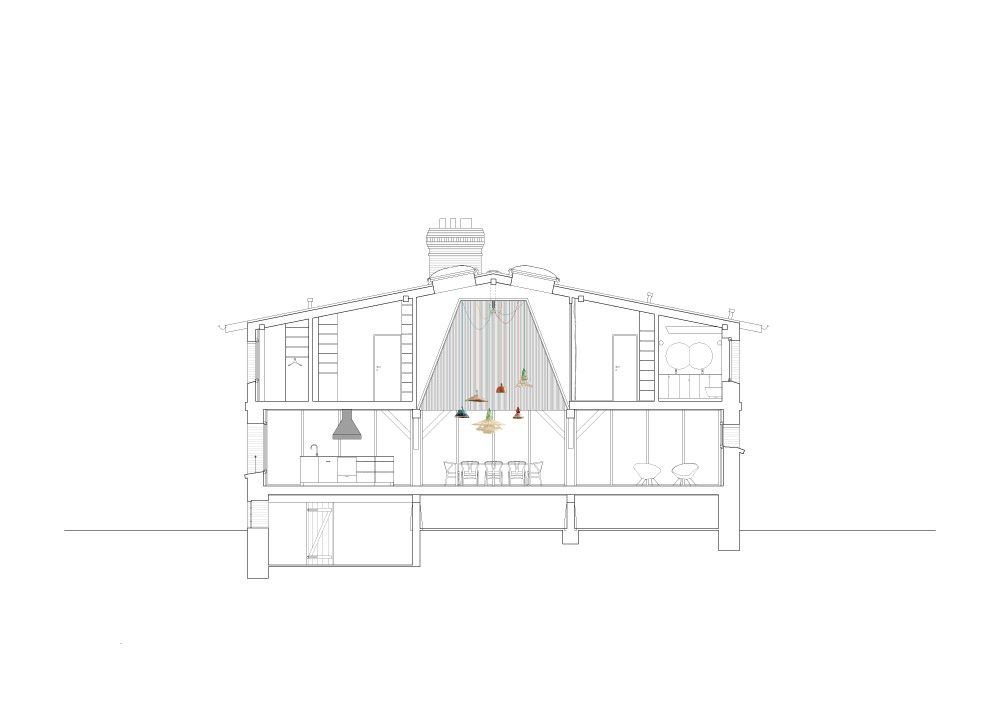 Thomas Kröger Architekten, rekonstrukce stodoly ve Fergitz, příčný řez, výkres