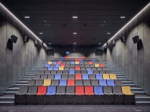 Budova obsahuje kinosál pro 120 diváků. (Interaktivním centru pohádek a animace OKO v Bílsko-Bělé v Polsku, Nizio Design International)