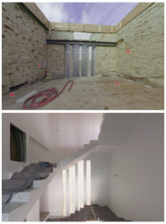 Porovnání hrubé stavby v počáteční fázi rekonstrukce se stavbou zaměřenou během dokončovacích prací.