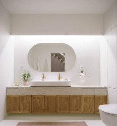 Pohled do koupelny (Bydlení v řadovém domě v Praze-Strašnicích, BY architects)