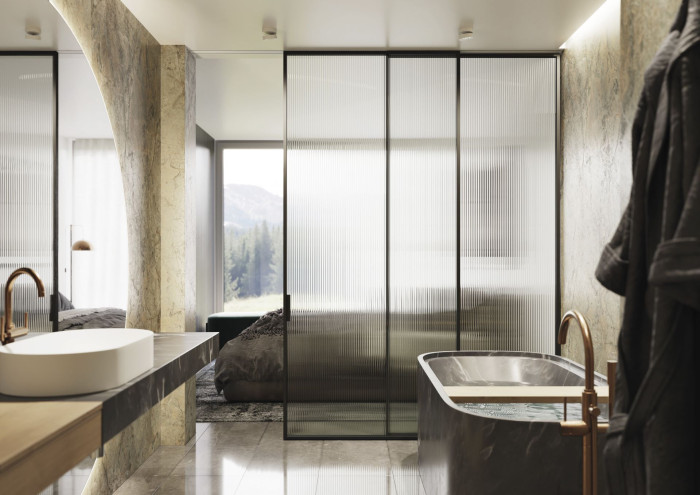 Dveře IDEA, posuv do stropu PREMIUM, sklo Flutes, rám RAL 9005, madlo Ell