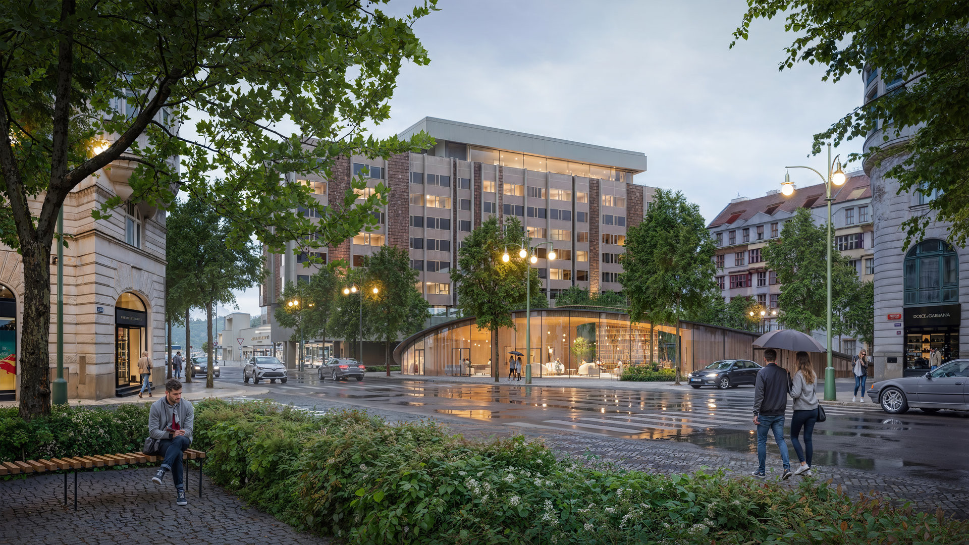 Namísto třípatrové budovy nižší pavilon s pochozí střechou