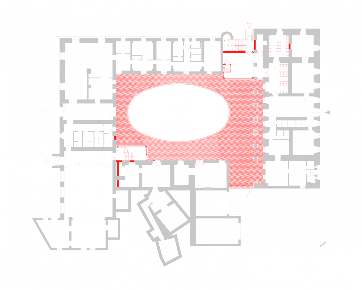 Rekonstrukce a rozšíření Základní školy Vřesovice, Public Atelier, studio FUUZE/ Jiří Markevič, Jaroslav Sedlák, půdorys 1NP