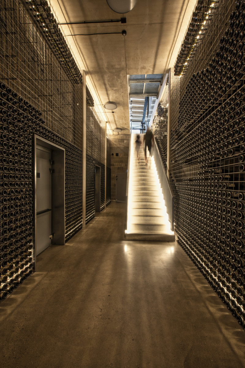 Suterén hlavní budovy vinařství. (ARTEVINI Resort & Winery u Velkých Pavlovic; znamení čtyř – architekti)