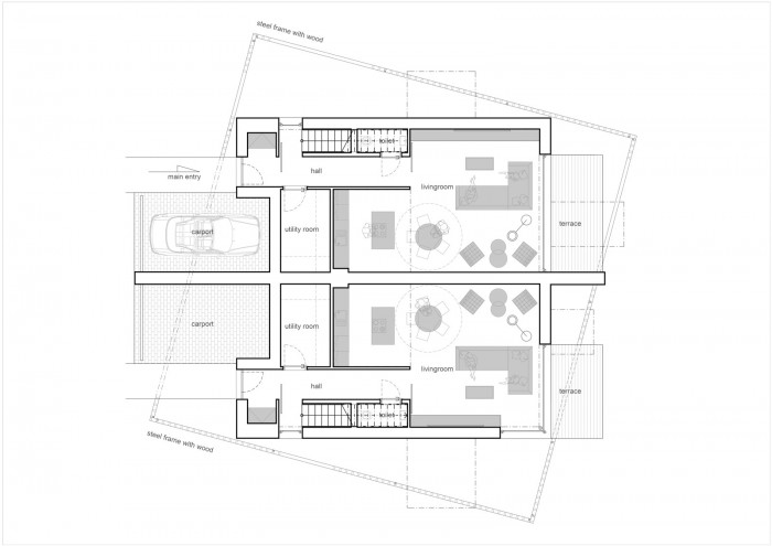 Rodinné domy v Dobříši, půdorys přízemí, Boq architekti