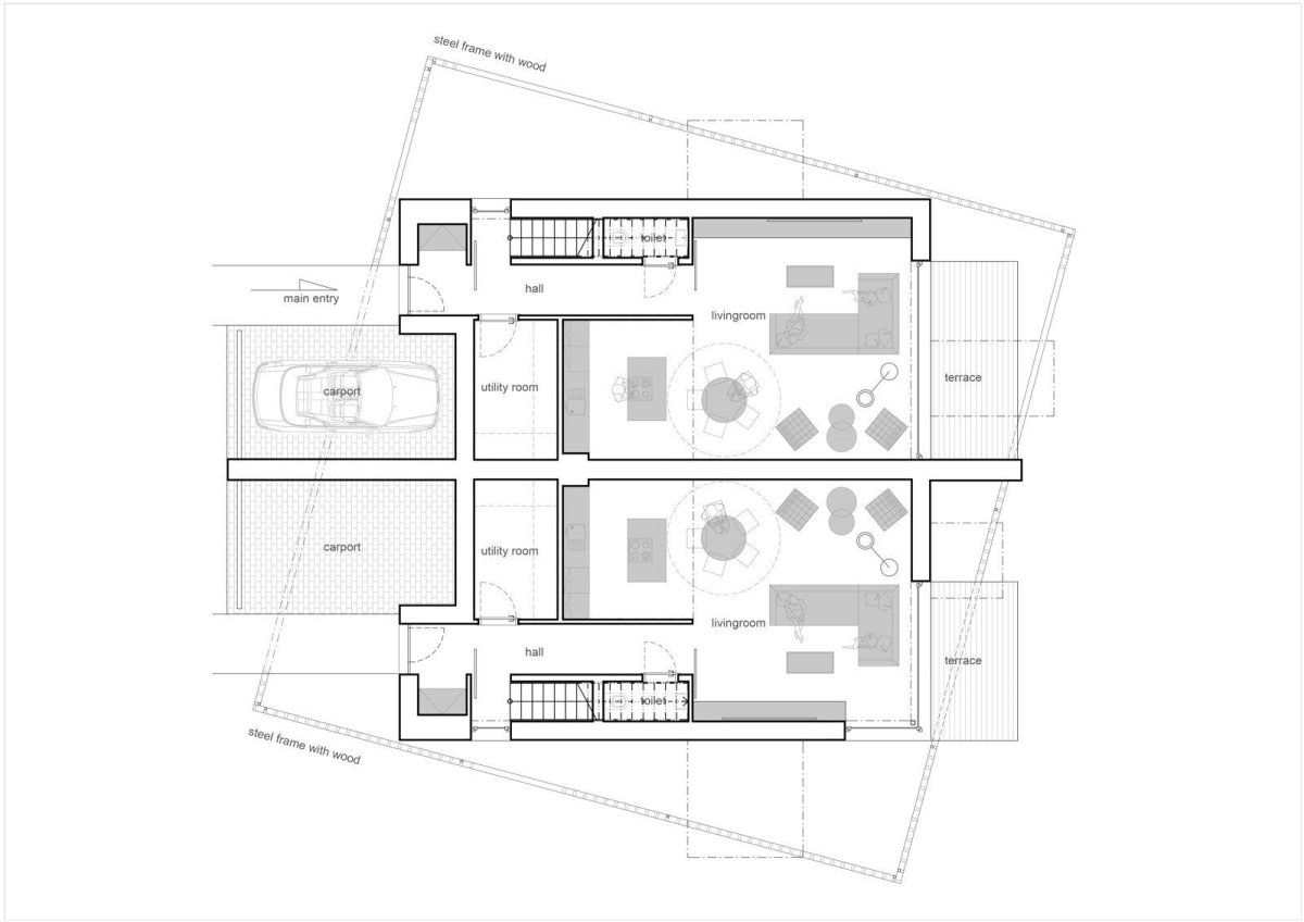 Rodinné domy v Dobříši, půdorys přízemí, Boq architekti